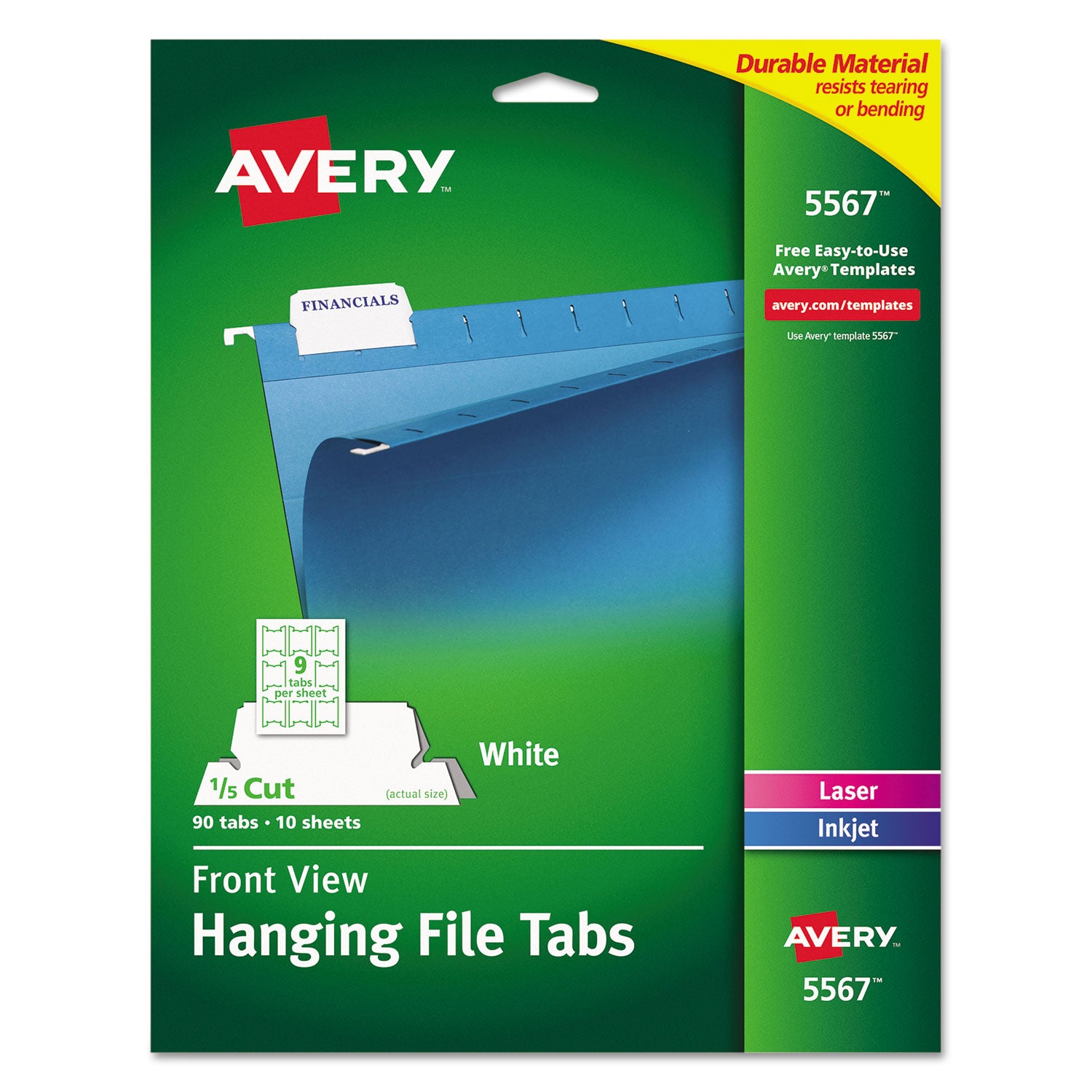 Laser Printable Hanging File Tabs, 1/5Cut, White, 2.06" Wide, 90/Pack