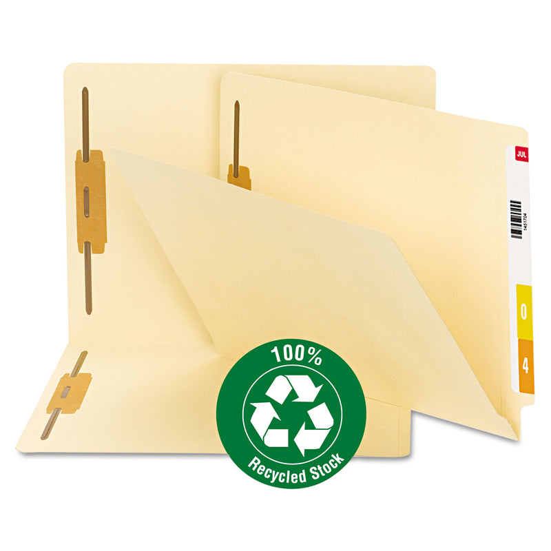 Smead 100% Recycled Manila End Tab Fastener Folders, 2 Fasteners, Letter Size, Manila Exterior, 50/Box