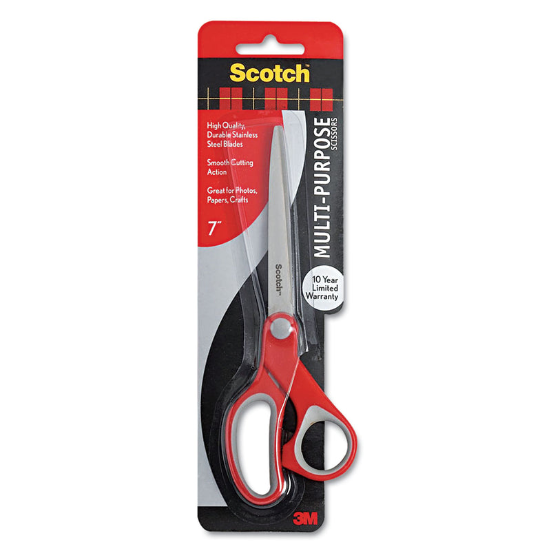 Scotch Multi-Purpose Scissors, Pointed Tip, 7" Long, 3.38" Cut Length, Gray/Red Straight Handle