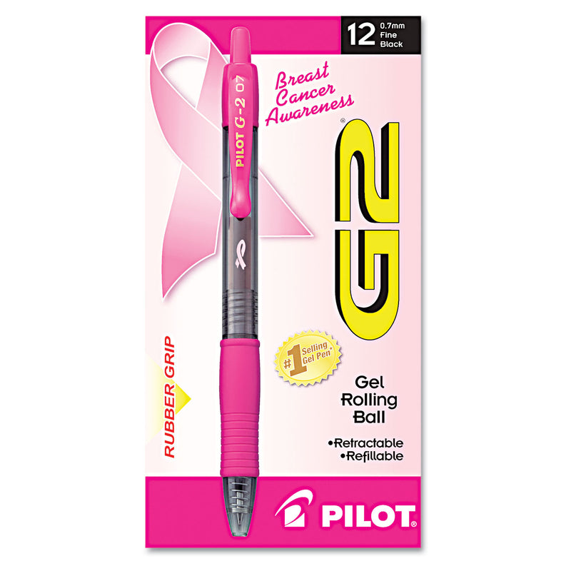 Pilot G2 Premium Breast Cancer Awareness Gel Pen, Retractable, Fine 0.7 mm, Black Ink, Translucent Pink Barrel, Dozen