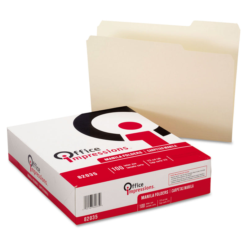 Office Impressions Top Tab Manila File Folders, 1/3-Cut Tabs: Assorted, Letter Size, 1" Expansion, Manila, 100/Box