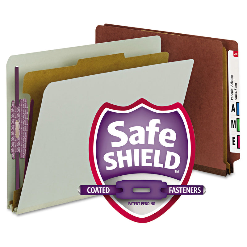 Smead End Tab Pressboard Classification Folders with SafeSHIELD Coated Fasteners, 1 Divider, Letter Size, Red, 10/Box