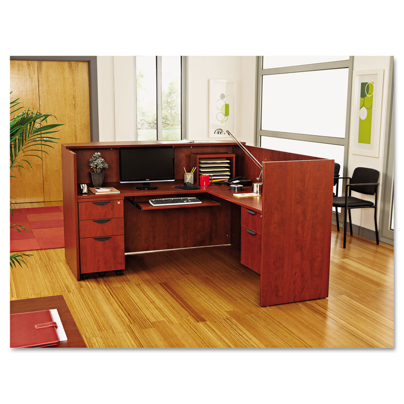Alera Valencia Series Reception Desk with Transaction Counter, 71" x 35.5" x 29.5" to 42.5", Medium Cherry