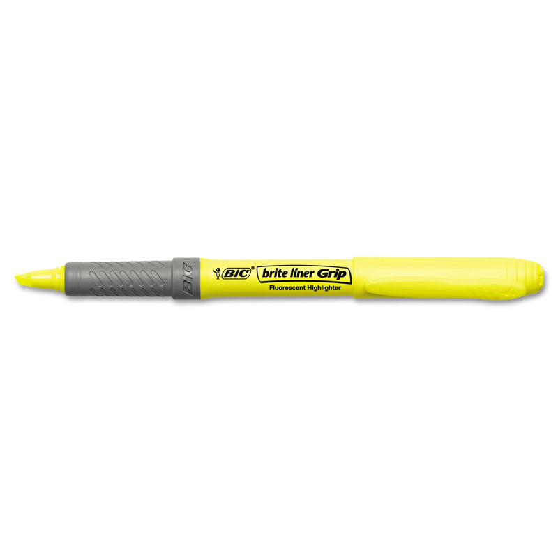 BIC Brite Liner Grip Pocket Highlighter, Fluorescent Yellow Ink, Chisel Tip, Yellow/Black/Silver Barrel, Dozen