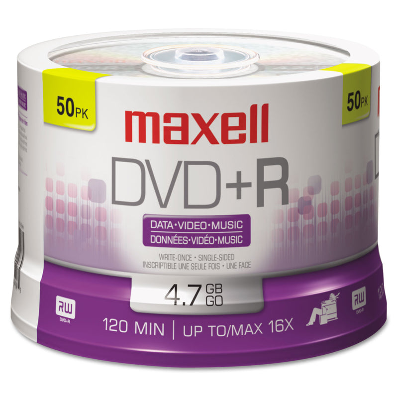 Maxell DVD+R High-Speed Recordable Disc, 4.7 GB, 16x, Spindle, Silver, 50/Pack