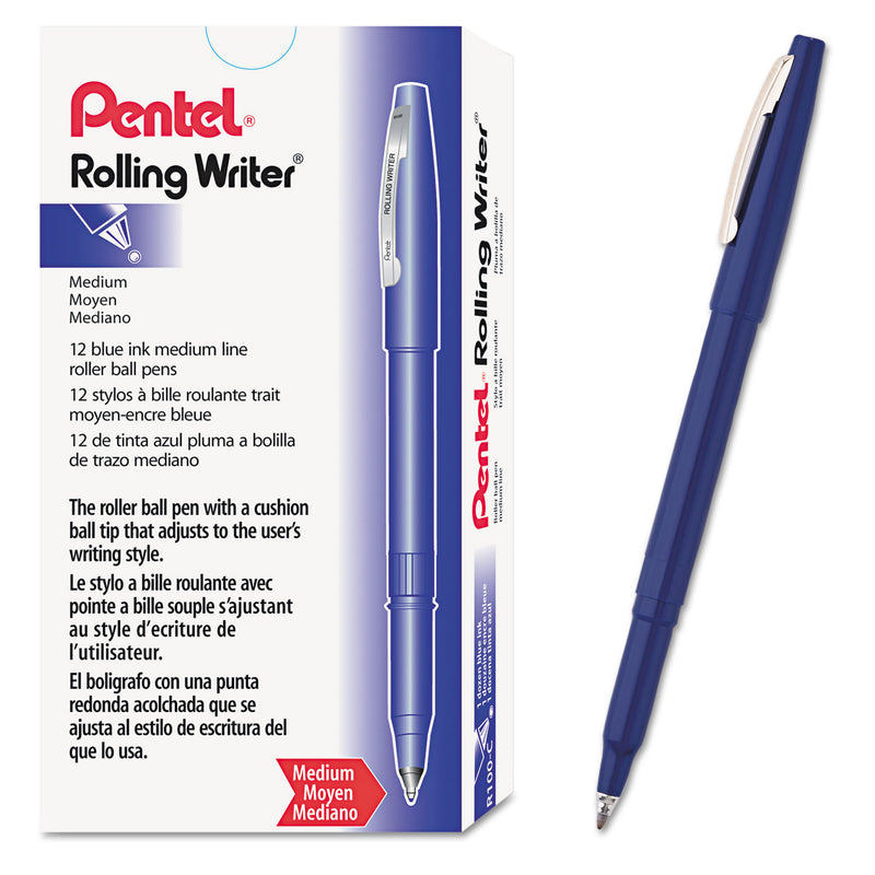 Pentel Rolling Writer Roller Ball Pen, Stick, Medium 0.8 mm, Blue Ink, Blue Barrel, Dozen