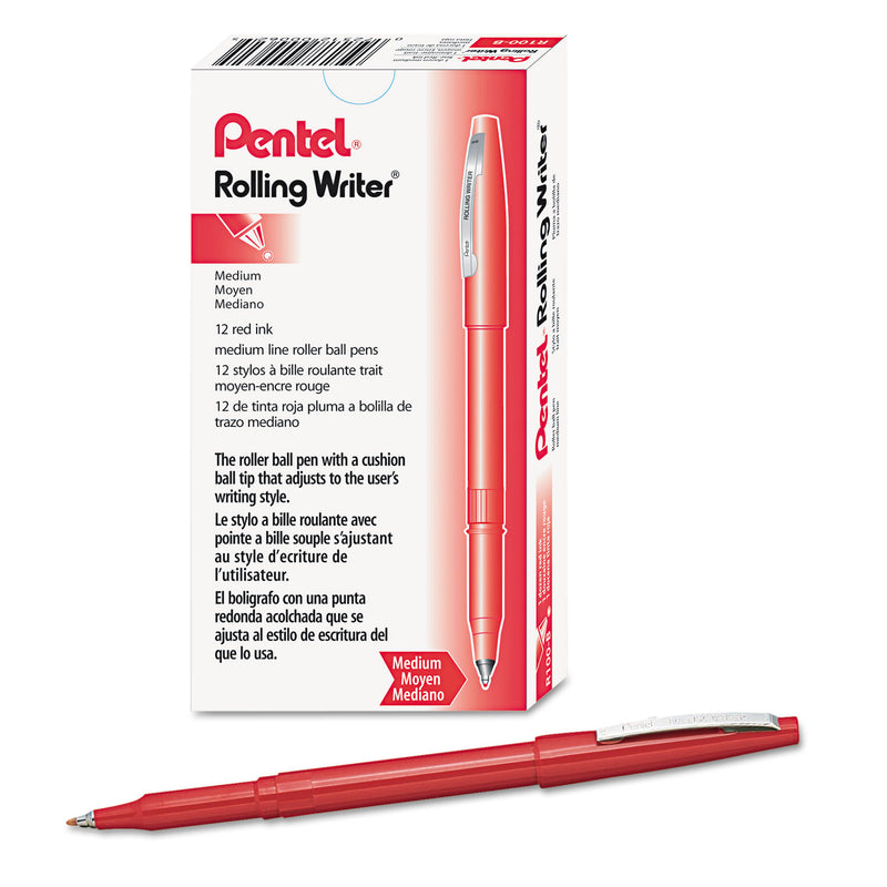 Pentel Rolling Writer Roller Ball Pen, Stick, Medium 0.8 mm, Red Ink, Red Barrel, Dozen