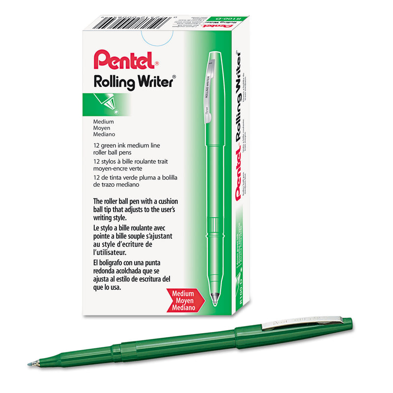 Pentel Rolling Writer Roller Ball Pen, Stick, Medium 0.8 mm, Green Ink, Green Barrel, Dozen