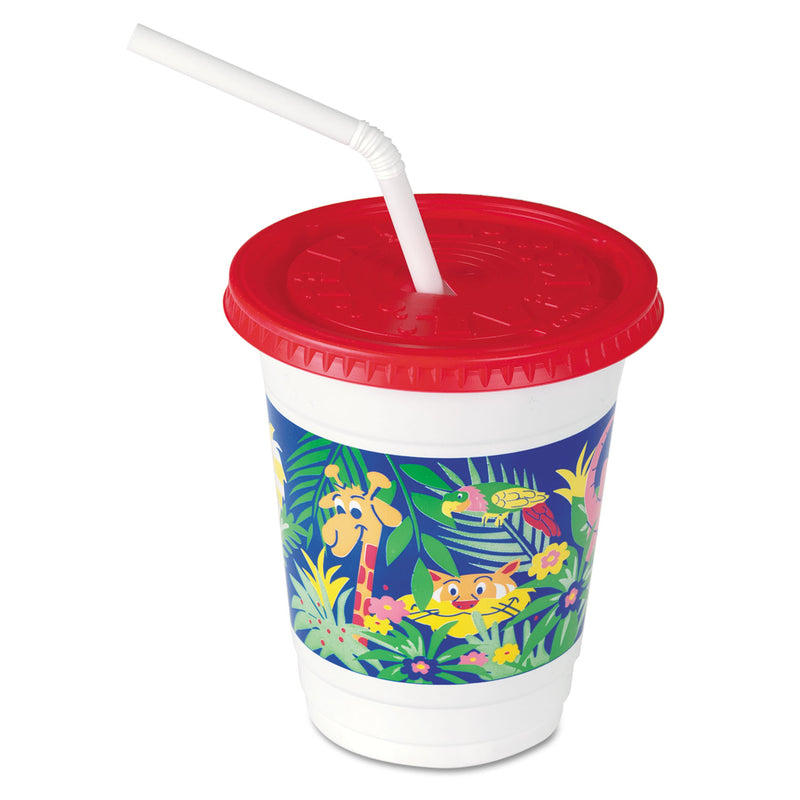 Dart Plastic Kids' Cups with Lids/Straws, 12 oz, Jungle Print, 250 Cups, 250 Lids, 250 Straws/Carton