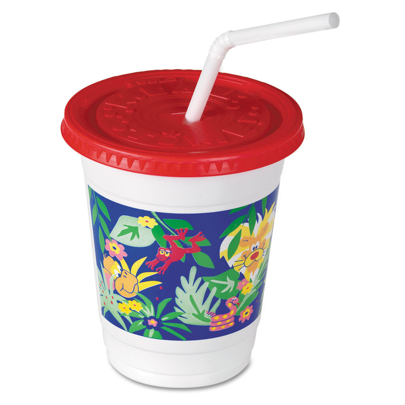 Dart Plastic Kids' Cups with Lids/Straws, 12 oz, Jungle Print, 250 Cups, 250 Lids, 250 Straws/Carton