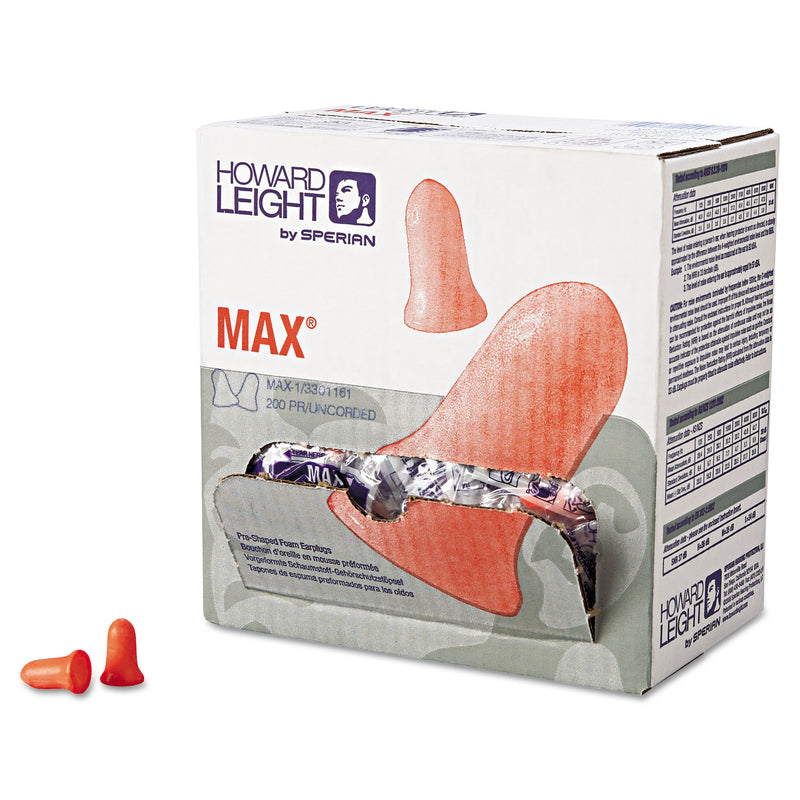 Howard Leight MAX-1 Single-Use Earplugs, Cordless, 33NRR, Coral, 200 Pairs