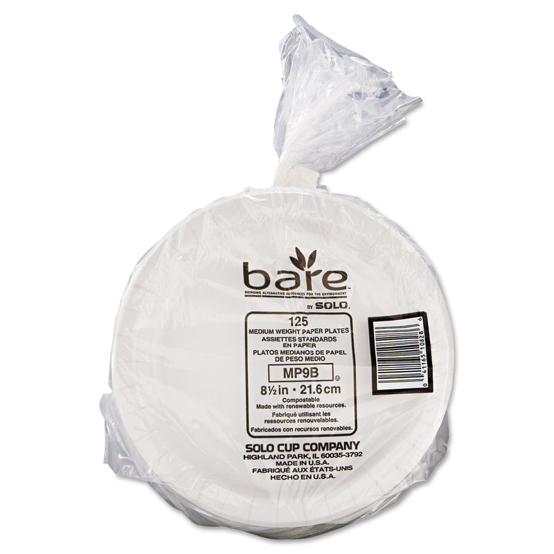 Dart Bare Eco-Forward Clay-Coated Paper Dinnerware, Plate, 8.5" dia, White, 125/Pack, 4 Packs/Carton