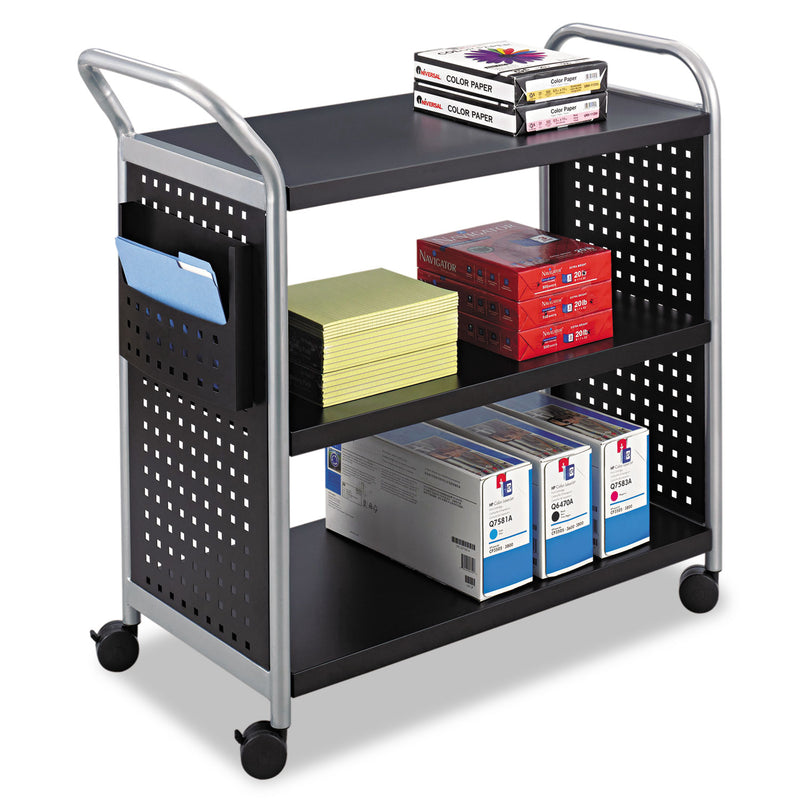Safco Scoot Three Shelf Utility Cart, Metal, 3 Shelves, 1 Bin, 300 lb Capacity, 31" x 18" x 38", Black/Silver
