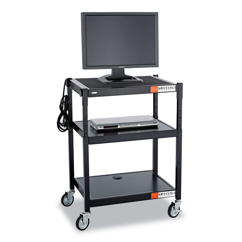 Safco Adjustable-Height Steel AV Cart, Metal, 3 Shelves, (5) AC Outlets, 120 lb Capacity, 27.25" x 18.25" x 36.5", Black