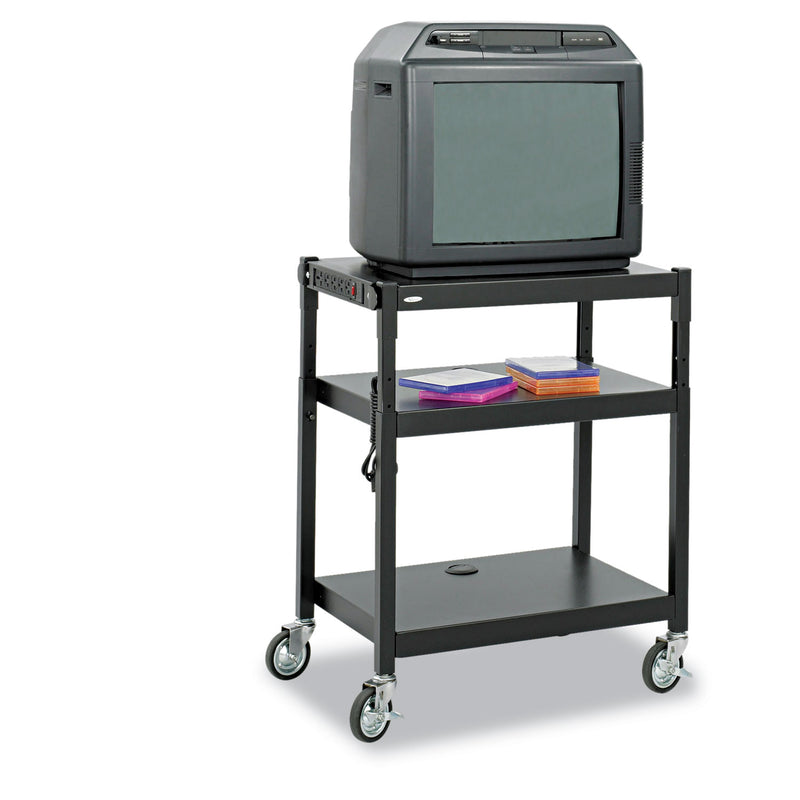 Safco Adjustable-Height Steel AV Cart, Metal, 3 Shelves, (5) AC Outlets, 120 lb Capacity, 27.25" x 18.25" x 36.5", Black