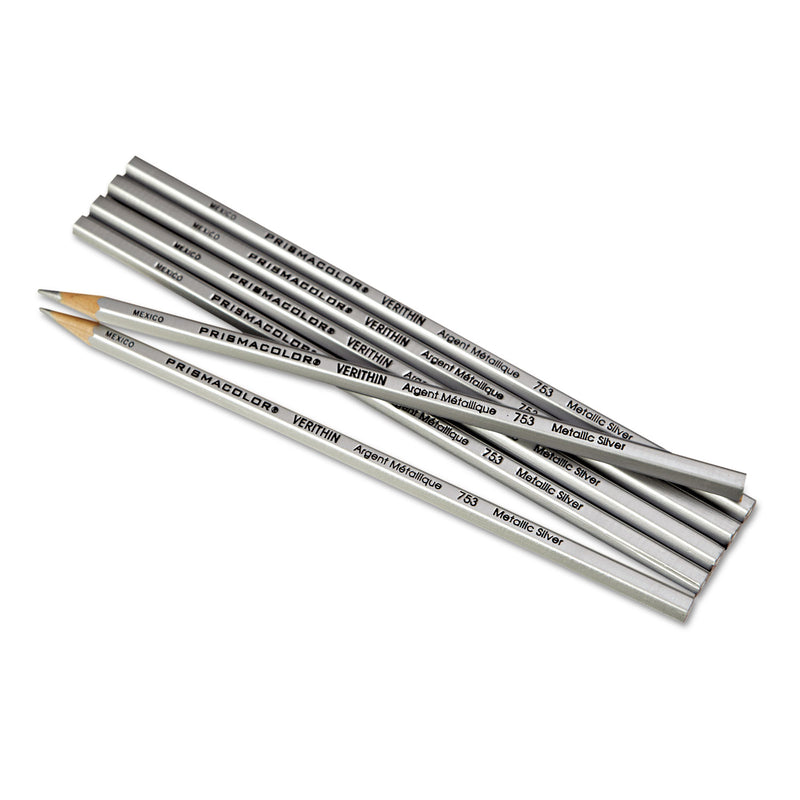 Prismacolor Verithin Smear-Proof Colored Pencils, 2 mm, Metallic Silver Lead, Metallic Silver Barrel, Dozen