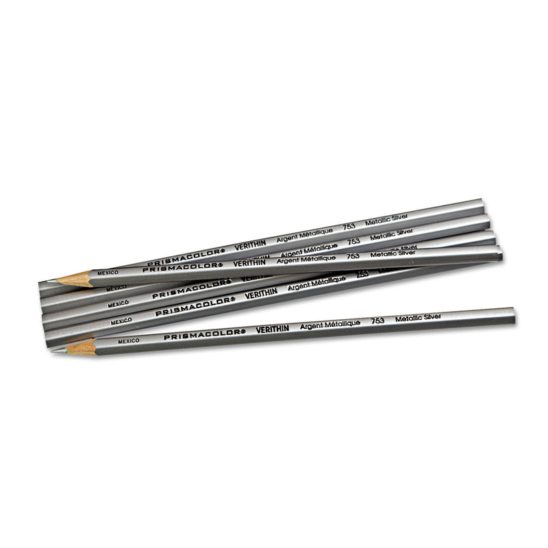 Prismacolor Verithin Smear-Proof Colored Pencils, 2 mm, Metallic Silver Lead, Metallic Silver Barrel, Dozen