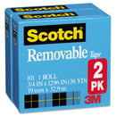 Scotch Removable Tape, 1" Core, 0.75" x 36 yds, Transparent, 2/Pack