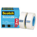 Scotch Removable Tape, 1" Core, 0.75" x 36 yds, Transparent, 2/Pack