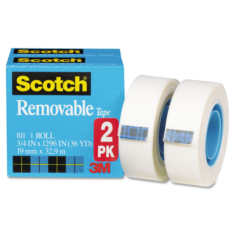 Scotch Removable Tape, 1" Core, 0.75" x 36 yds, Transparent, 2/Pack