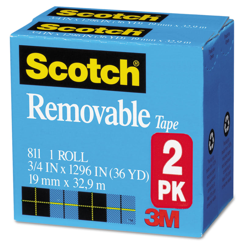 Scotch Removable Tape, 1" Core, 0.75" x 36 yds, Transparent, 2/Pack