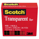 Scotch Transparent Tape, 1" Core, 0.5" x 36 yds, Transparent