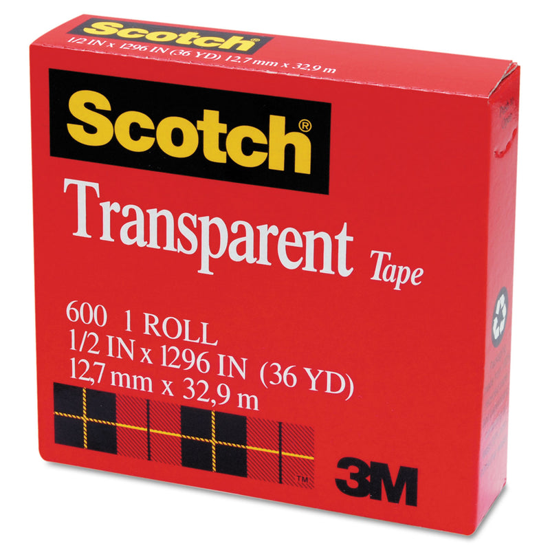 Scotch Transparent Tape, 1" Core, 0.5" x 36 yds, Transparent