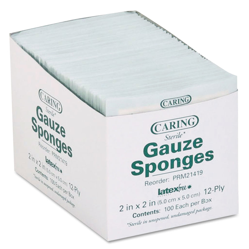 Medline Caring Woven Gauze Sponges, Sterile, 12-Ply, 2 x 2, 2,400/Carton