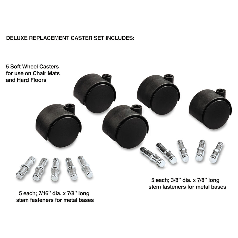 Master Caster Deluxe Duet Casters, Grip Ring Type B and Type K Stems, 2" Soft Polyurethane Wheel, Matte Black, 5/Set