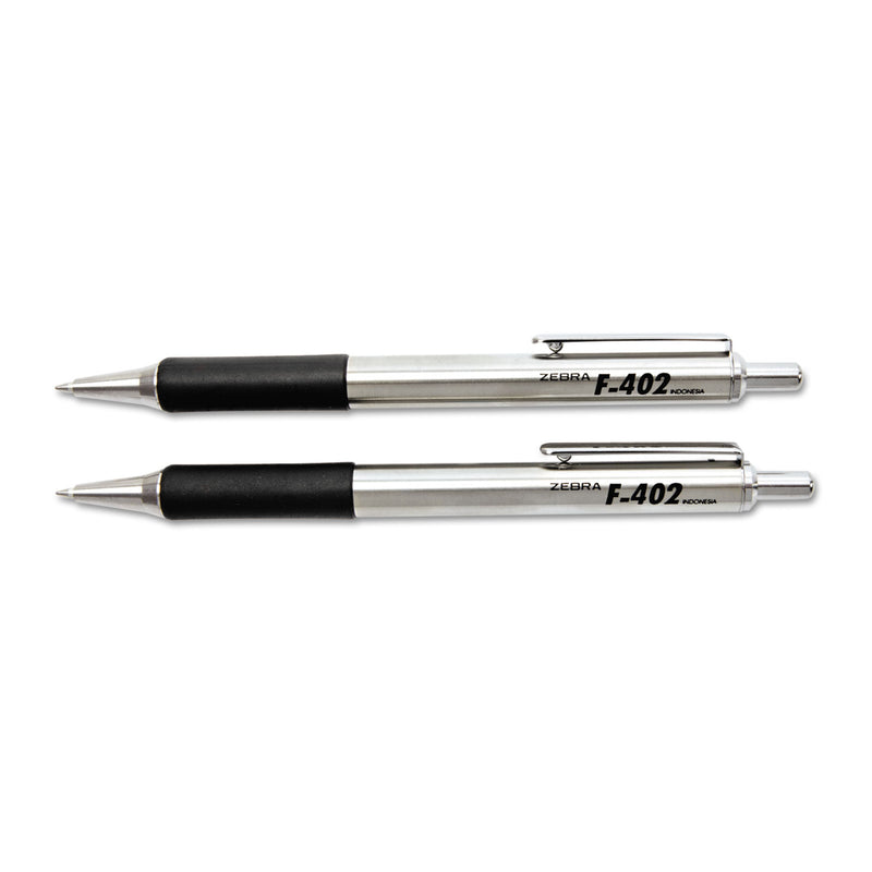 Zebra F-402 Ballpoint Pen, Retractable, Fine 0.7 mm, Black Ink, Stainless Steel/Black Barrel, 2/Pack