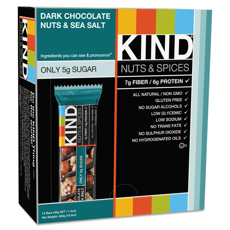 KIND Nuts and Spices Bar, Dark Chocolate Nuts and Sea Salt, 1.4 oz, 12/Box