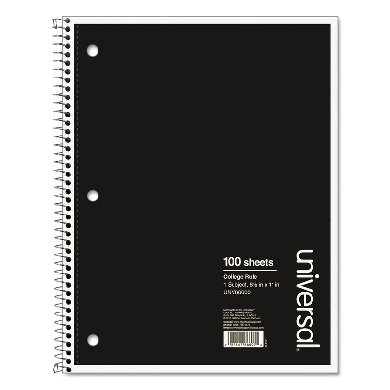 Universal Wirebound Notebook, 1 Subject, Medium/College Rule, Black Cover, 11 x 8.5, 100 Sheets
