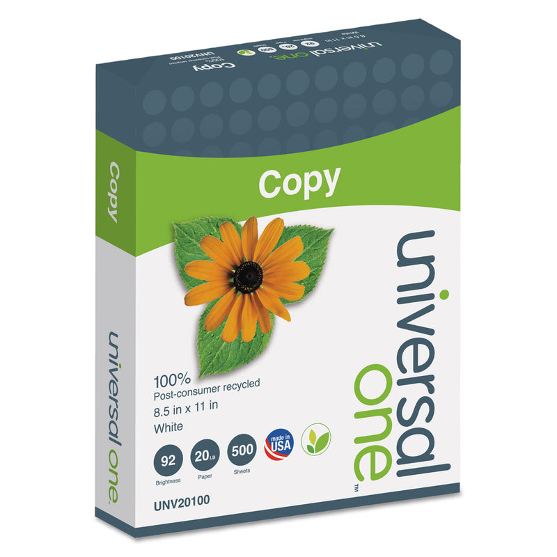 Universal 100% Recycled Copy Paper, 92 Bright, 20 lb Bond Weight, 8.5 x 11, White, 500 Sheets/Ream, 10 Reams/Carton