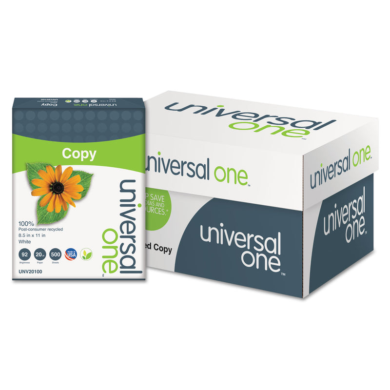 Universal 100% Recycled Copy Paper, 92 Bright, 20 lb Bond Weight, 8.5 x 11, White, 500 Sheets/Ream, 10 Reams/Carton