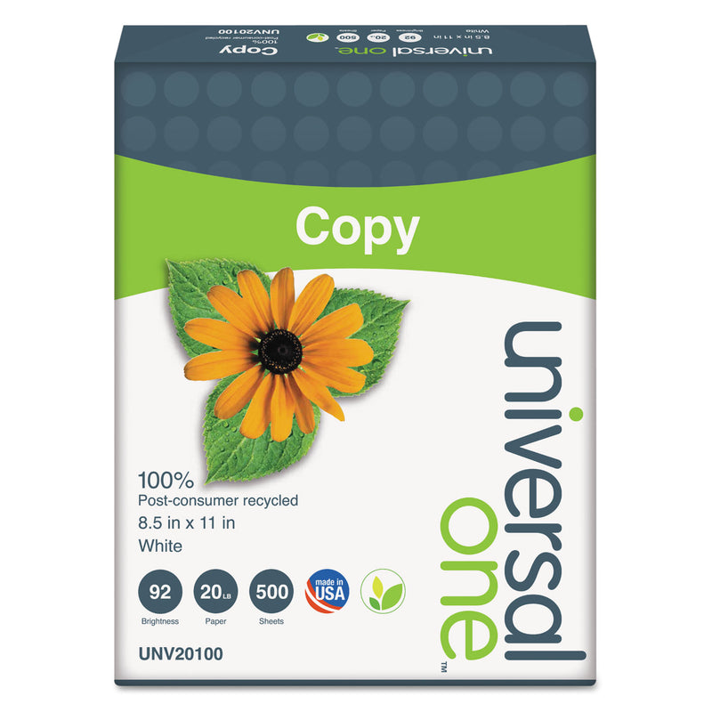 Universal 100% Recycled Copy Paper, 92 Bright, 20 lb Bond Weight, 8.5 x 11, White, 500 Sheets/Ream, 10 Reams/Carton
