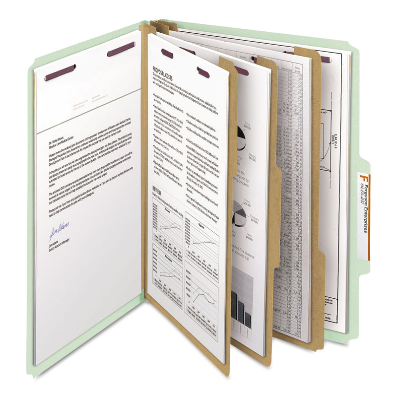 Smead Pressboard Classification Folders with SafeSHIELD Coated Fasteners, 2/5 Cut, 3 Dividers, Letter Size, Gray-Green, 10/Box