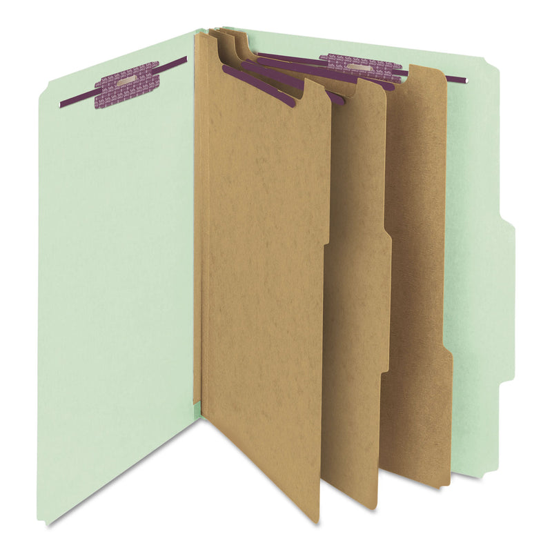 Smead Pressboard Classification Folders with SafeSHIELD Coated Fasteners, 2/5 Cut, 3 Dividers, Letter Size, Gray-Green, 10/Box