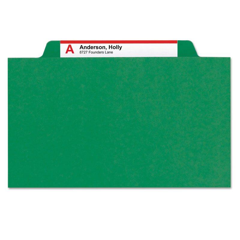 Smead Six-Section Pressboard Top Tab Classification Folders with SafeSHIELD Fasteners, 2 Dividers, Legal Size, Green, 10/Box