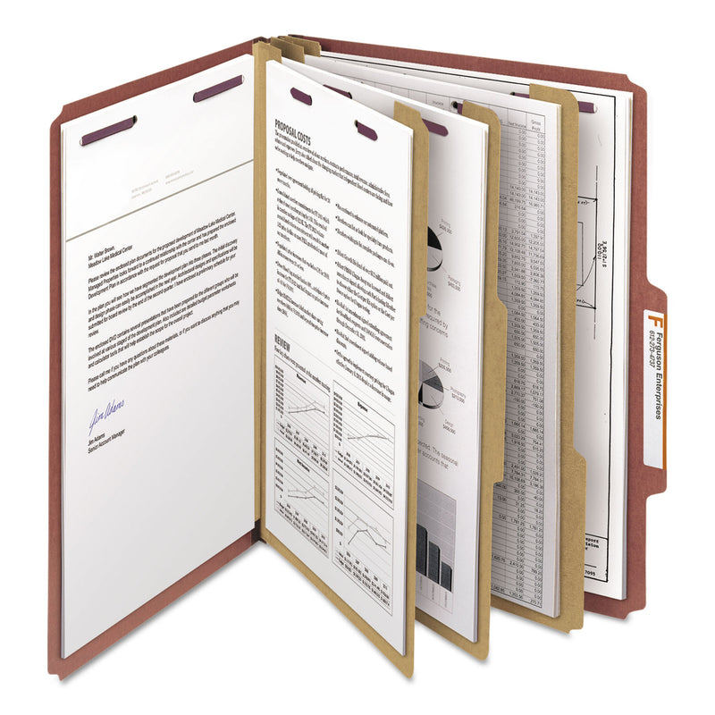 Smead Pressboard Classification Folders with SafeSHIELD Coated Fasteners, 2/5 Cut, 3 Dividers, Letter Size, Red, 10/Box