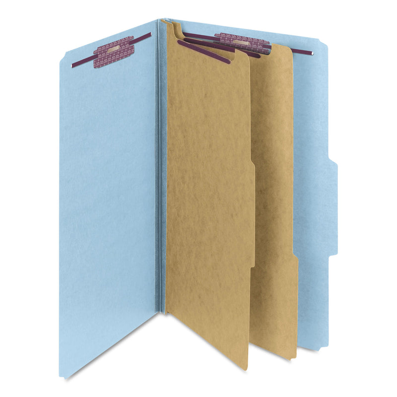 Smead Six-Section Pressboard Top Tab Classification Folders with SafeSHIELD Fasteners, 2 Dividers, Legal Size, Blue, 10/Box