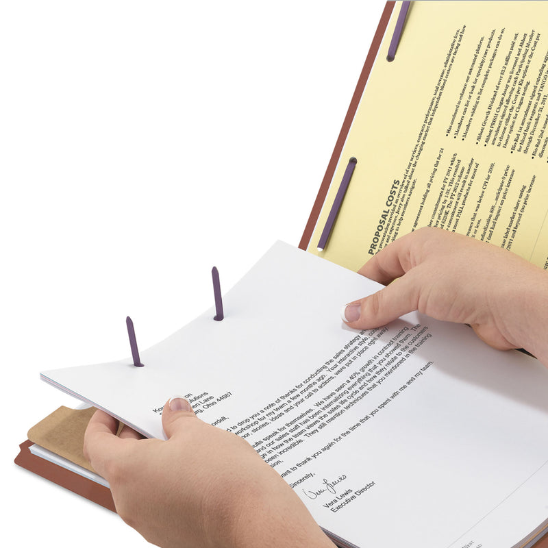 Smead Pressboard Classification Folders with SafeSHIELD Coated Fasteners, 2/5 Cut, 1 Divider, Letter Size, Red, 10/Box