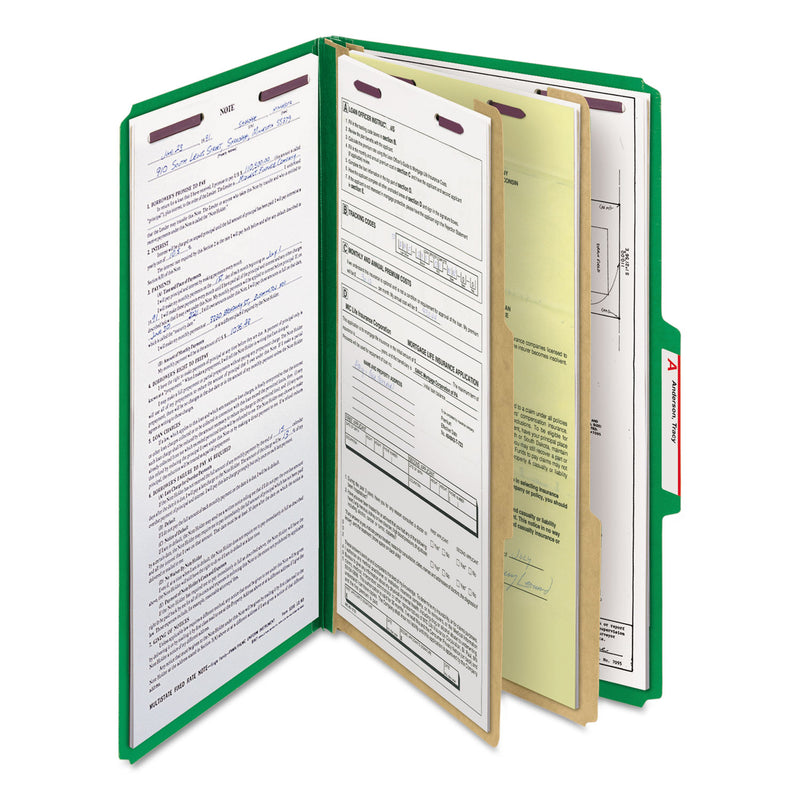 Smead Six-Section Pressboard Top Tab Classification Folders with SafeSHIELD Fasteners, 2 Dividers, Legal Size, Green, 10/Box