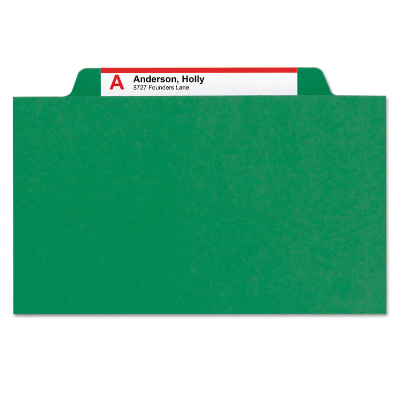 Smead 6-Section Pressboard Top Tab Pocket-Style Classification Folders with SafeSHIELD Fasteners, 2 Dividers, Letter, Green, 10/Box
