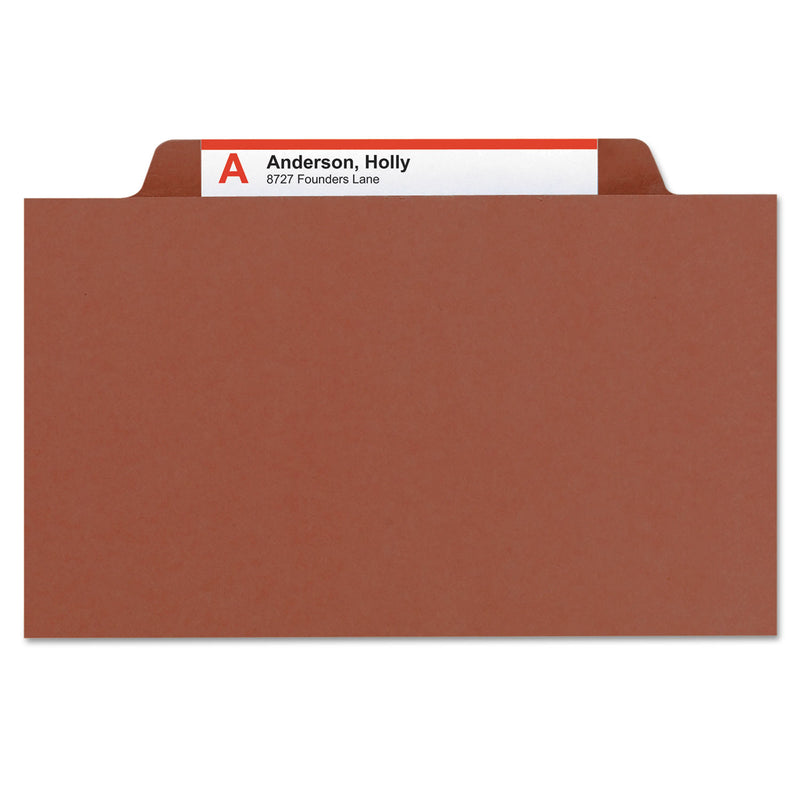 Smead Pressboard Classification Folders with SafeSHIELD Coated Fasteners, 2/5 Cut, 3 Dividers, Letter Size, Red, 10/Box