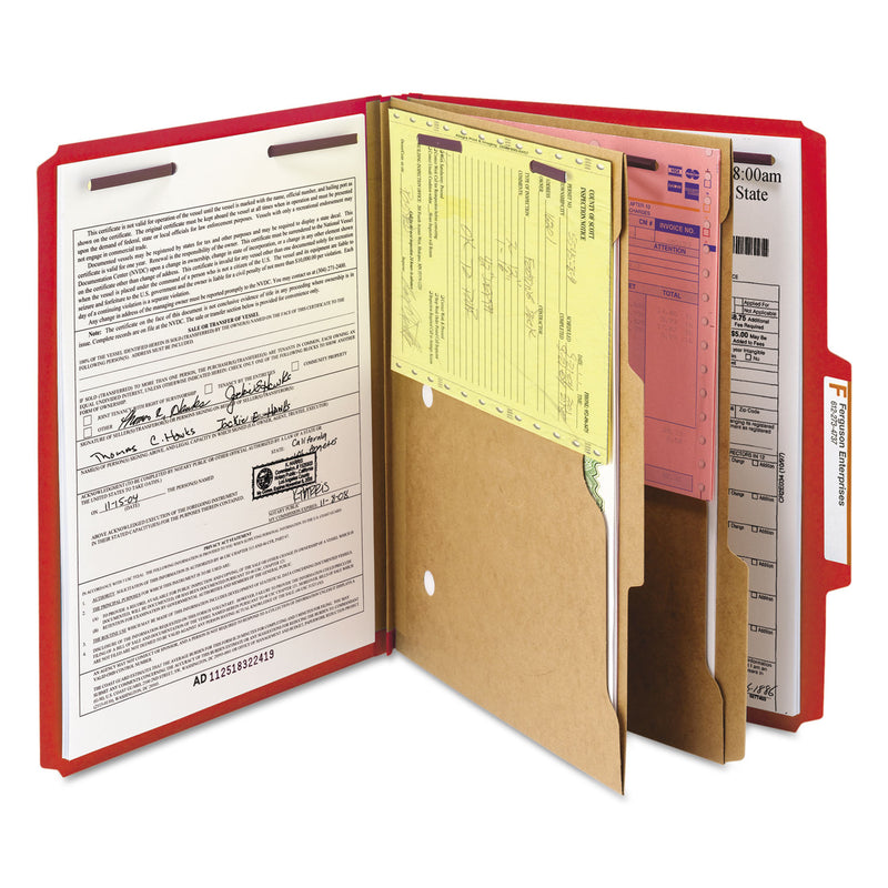 Smead 6-Section Pressboard Top Tab Pocket-Style Classification Folders with SafeSHIELD Fasteners, 2 Dividers, Letter, Red, 10/Box