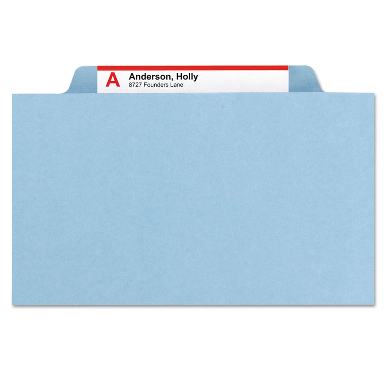 Smead Six-Section Pressboard Top Tab Classification Folders with SafeSHIELD Fasteners, 2 Dividers, Legal Size, Blue, 10/Box