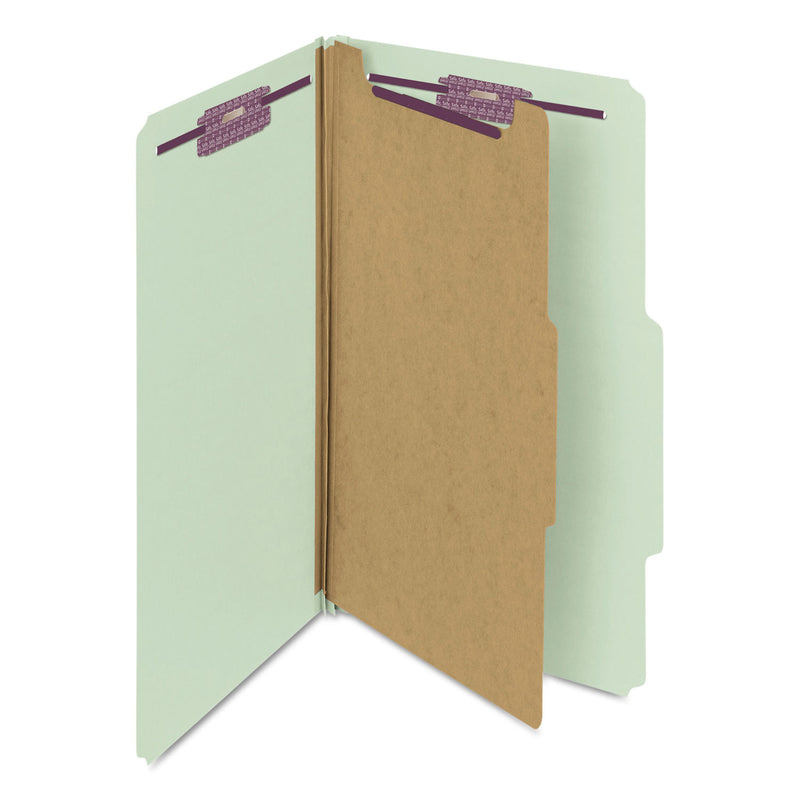 Smead Pressboard Classification Folders with SafeSHIELD Coated Fasteners, 2/5 Cut, 1 Divider, Legal Size, Gray-Green, 10/Box