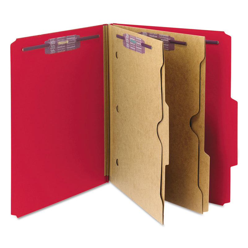 Smead 6-Section Pressboard Top Tab Pocket-Style Classification Folders with SafeSHIELD Fasteners, 2 Dividers, Letter, Red, 10/Box