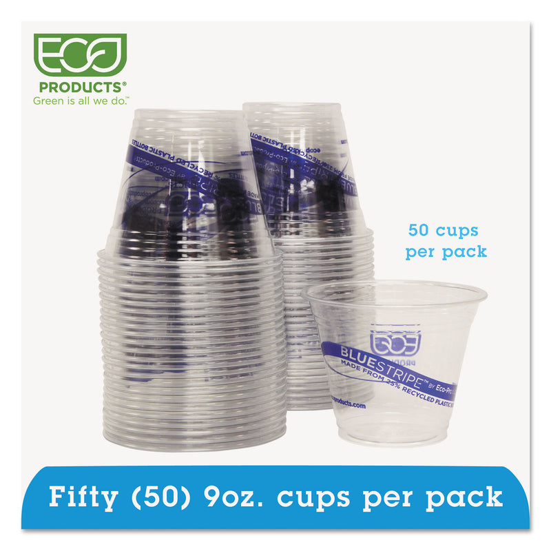 Eco-Products BlueStripe 25% Recycled Content Cold Cups Convenience Pack, 9 oz, Clear/Blue, 50/Pack