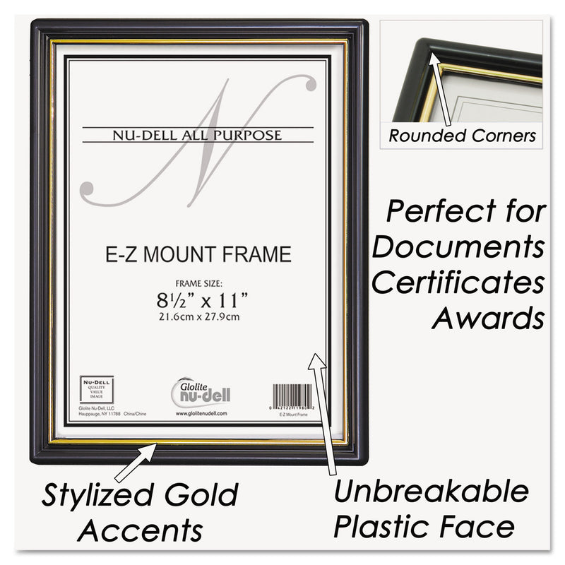 NuDell EZ Mount Document Frame with Trim Accent and Plastic Face, Plastic, 8.5 x 11 Insert, Black/Gold
